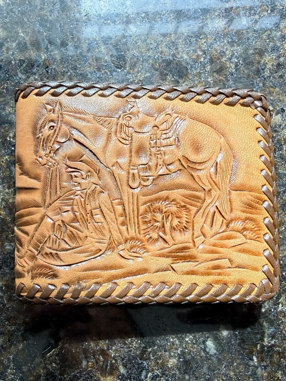 Vintage Hand - Tooled Leather Western Horse Motif Bifold Wallet Made In Mexico